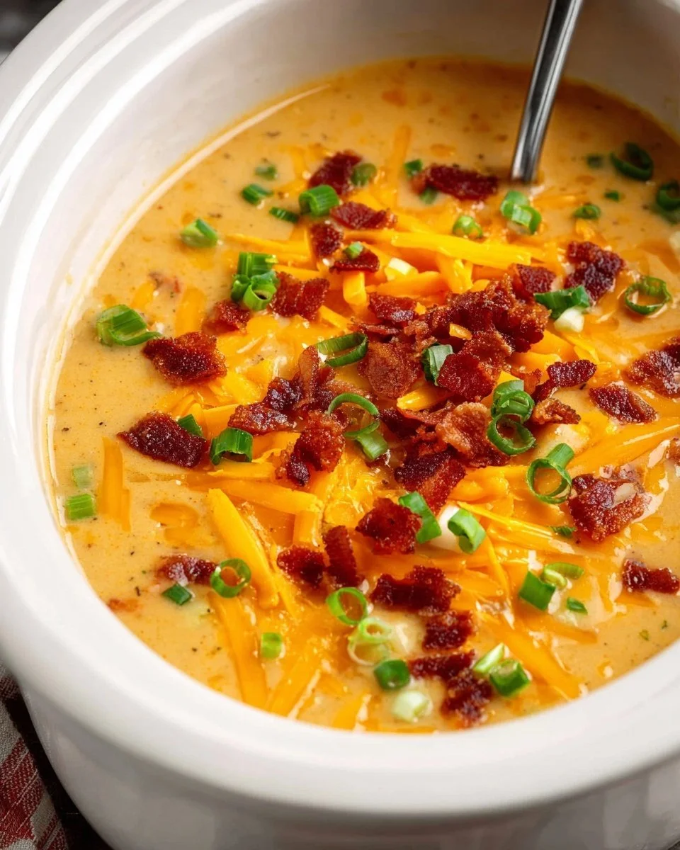 Delicious Crockpot loaded potato soup garnished with cheese and bacon