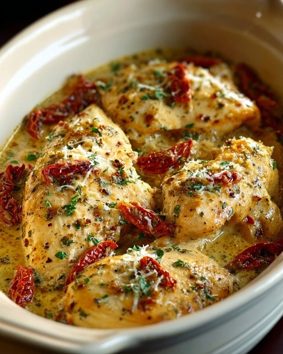 Crockpot Marry Me Chicken served with pasta and herbs in a bowl
