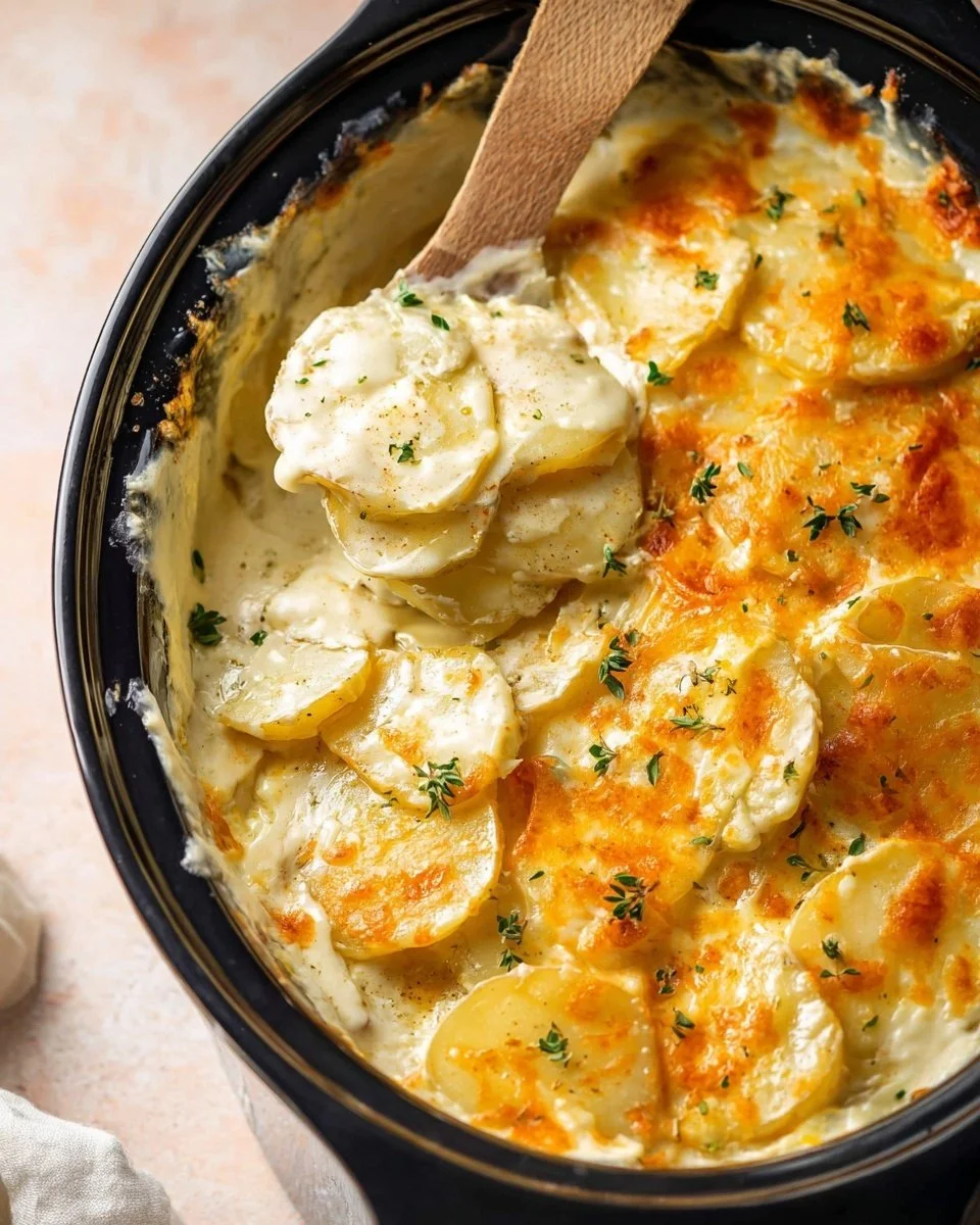 Crockpot scalloped potatoes with cheese for a festive holiday dish