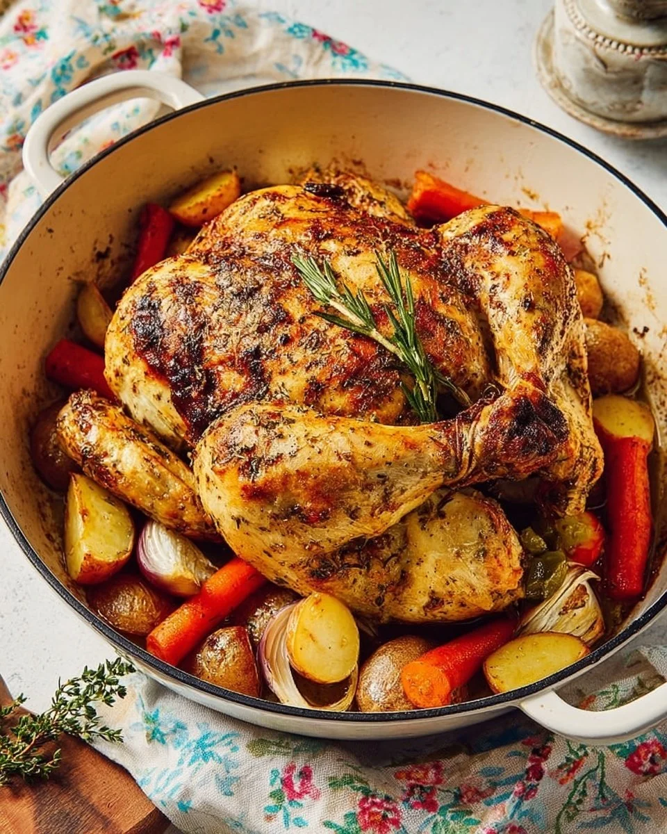Perfectly cooked Dutch Oven Roast Chicken with herbs and spices