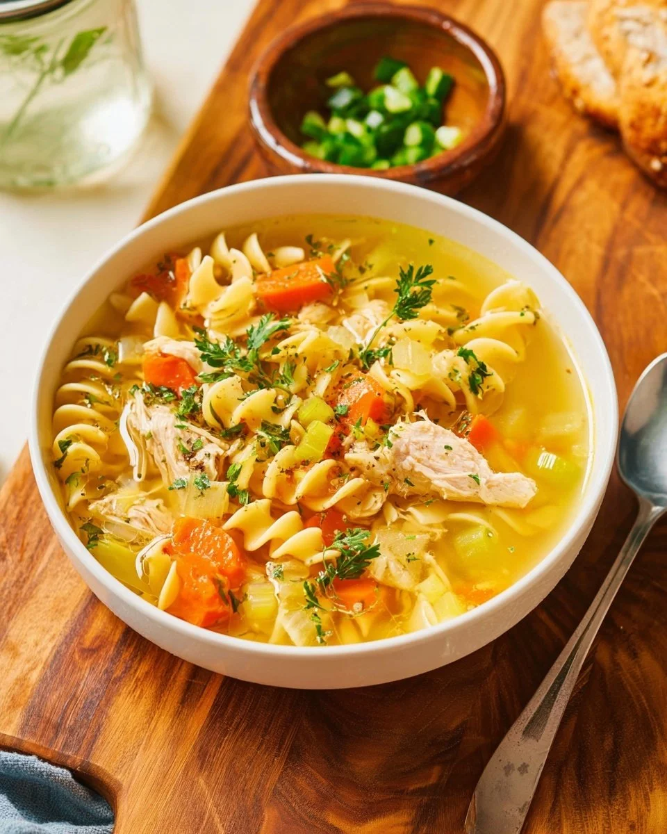 Bowl of easy homemade chicken noodle soup ready in 30 minutes.