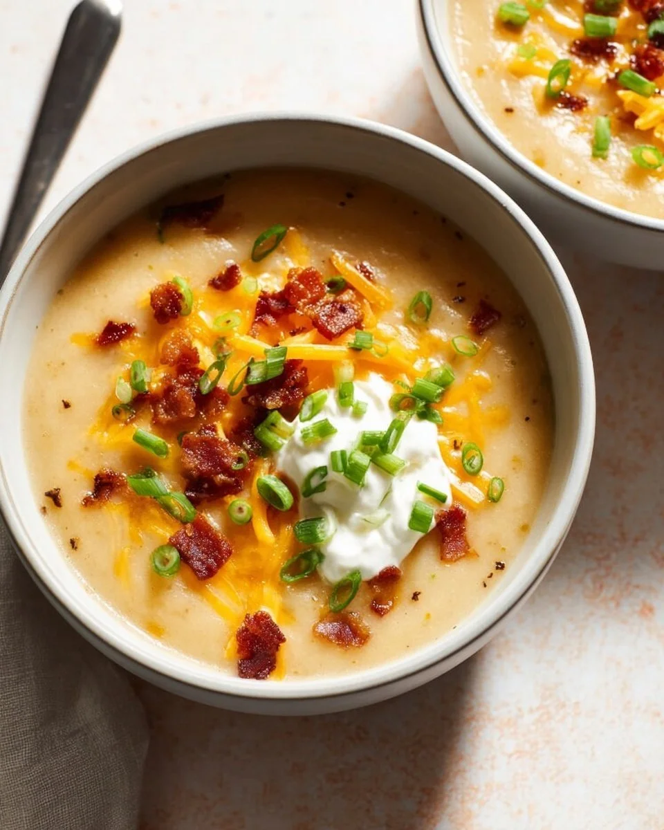 Bowl of easy baked potato soup topped with green onions and cheese