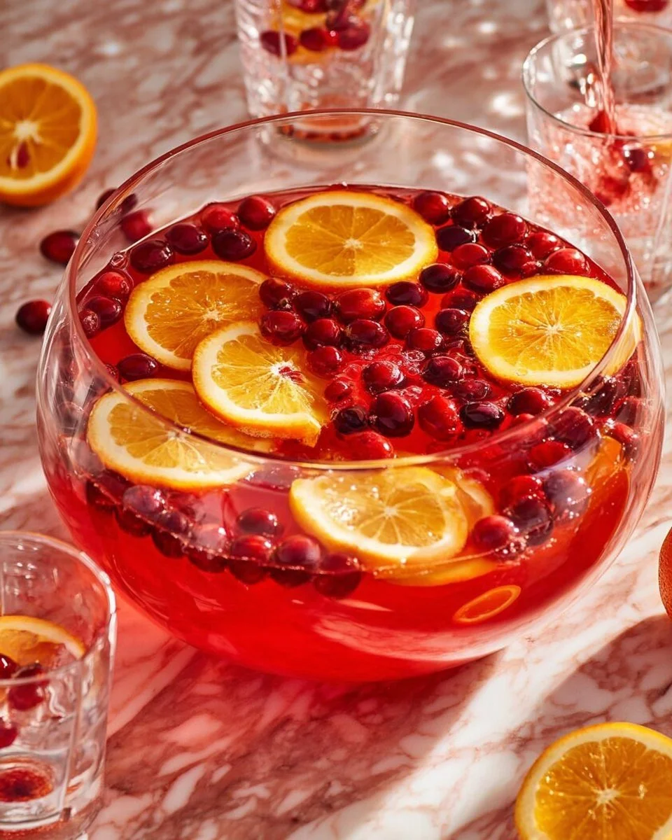Festive easy Christmas punch in a holiday glass bowl