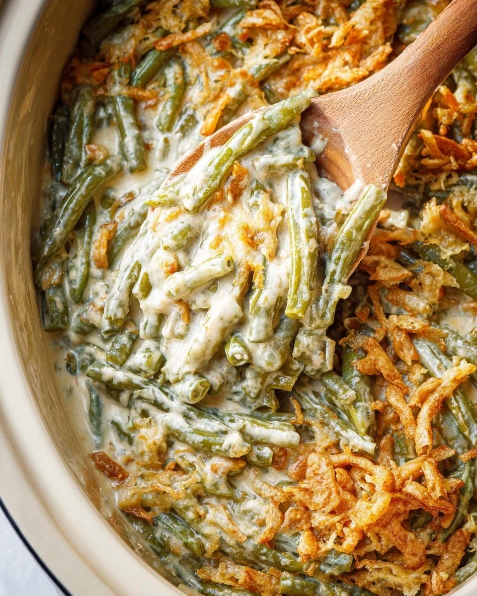 Cheesy crockpot green bean casserole dish for holiday meals