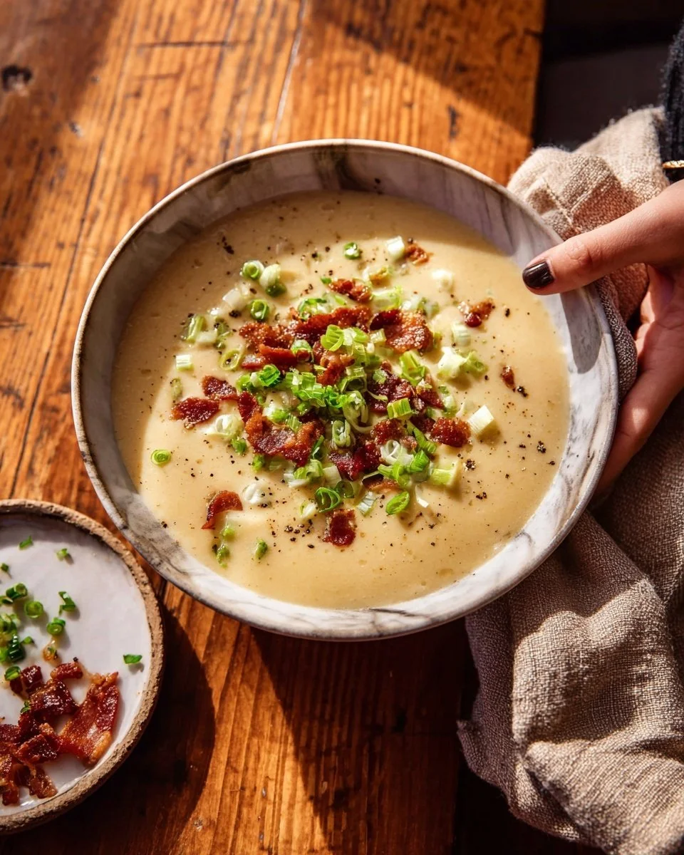 Bowl of easy spicy baked potato soup topped with chives and cheese
