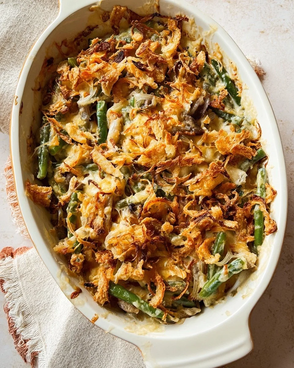 French onion green bean casserole served in a holiday-themed dish