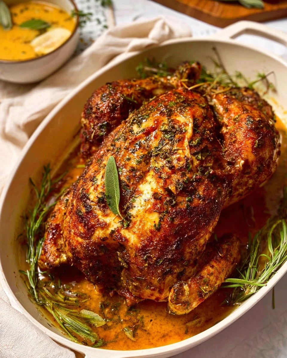 Delicious garlic herb butter roasted chicken garnished with herbs