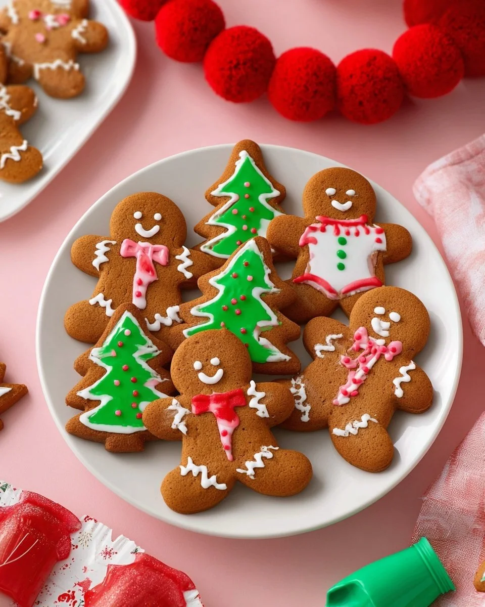 Freshly baked gingerbread cookies with icing and decorations