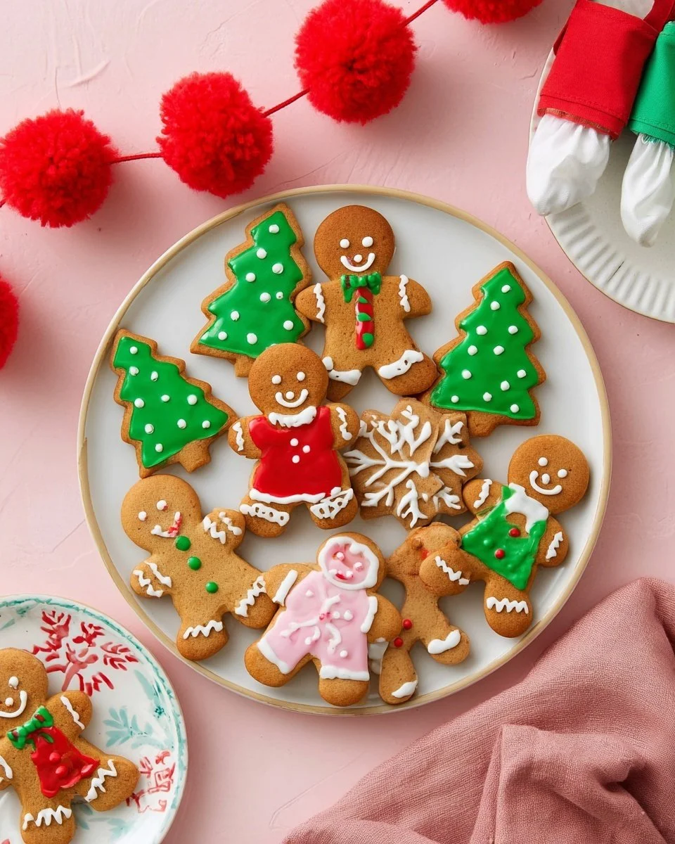 A batch of freshly baked gingerbread cookies decorated with icing and festive colors.