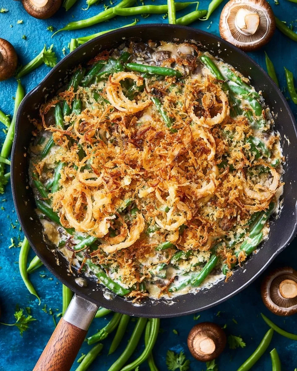 Delicious green bean casserole with crispy fried shallots for holiday meals