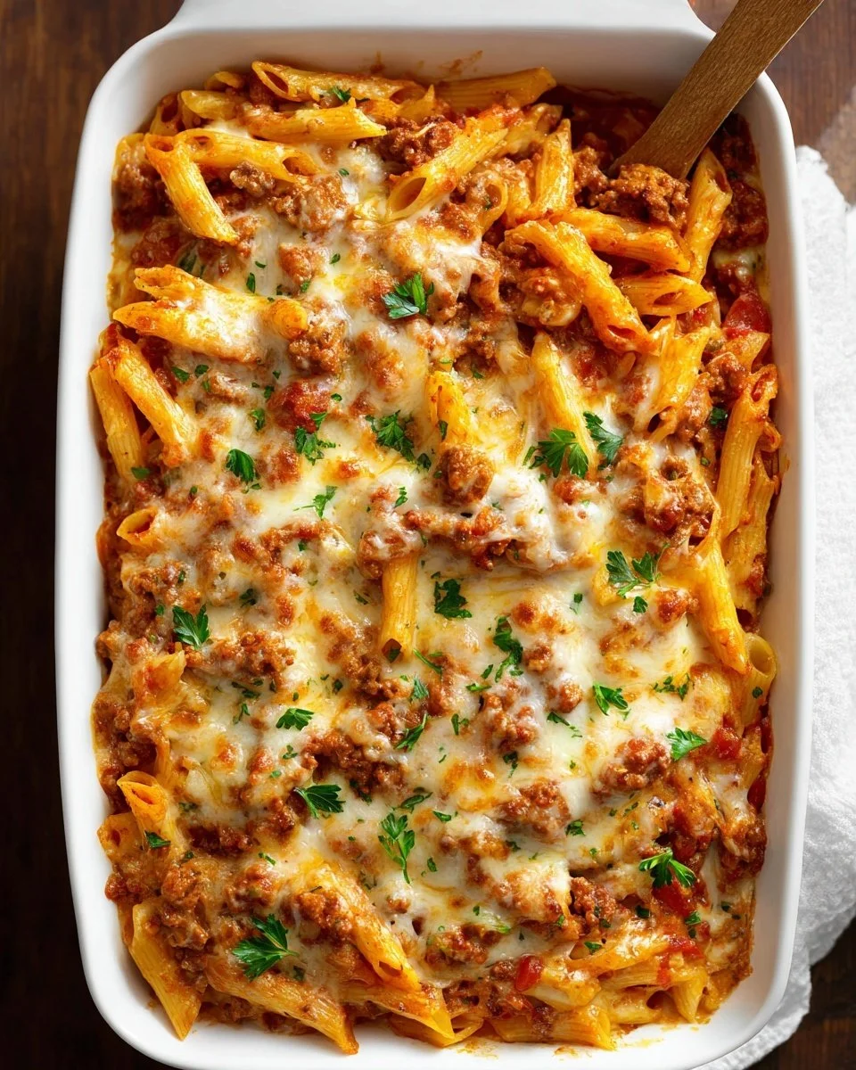 Delicious homemade ground beef casserole served in a baking dish.