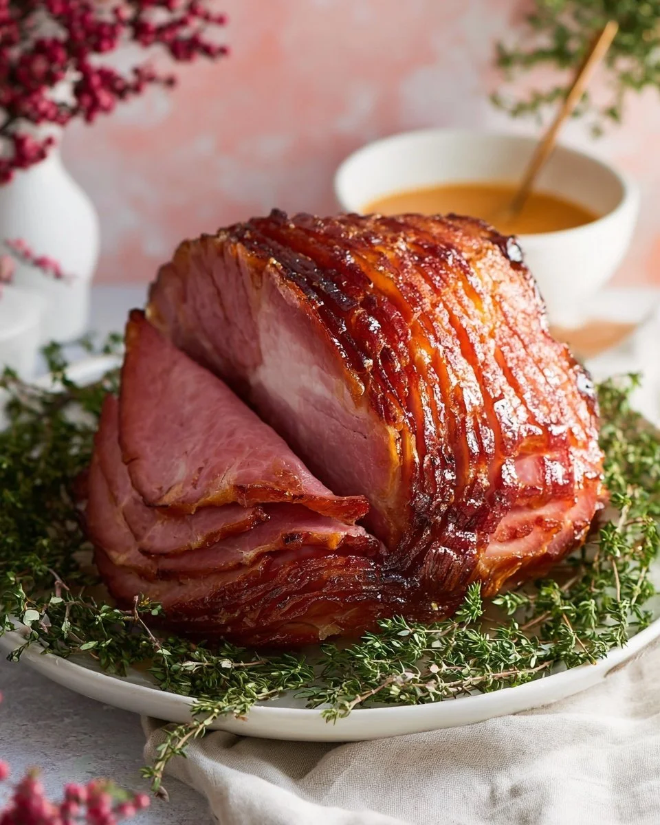 Delicious Honey Baked Ham served on a festive holiday table.