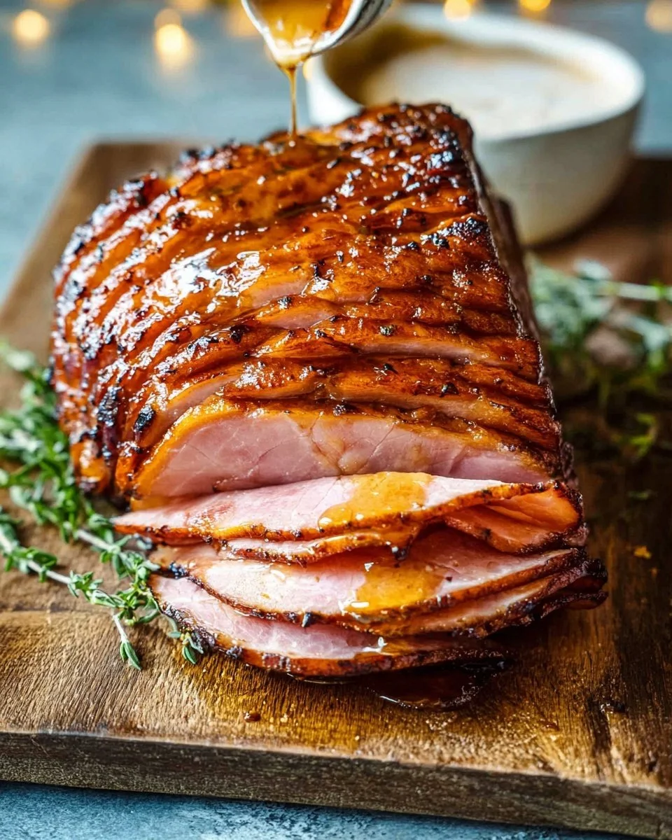 Delicious honey glazed ham served at a holiday feast