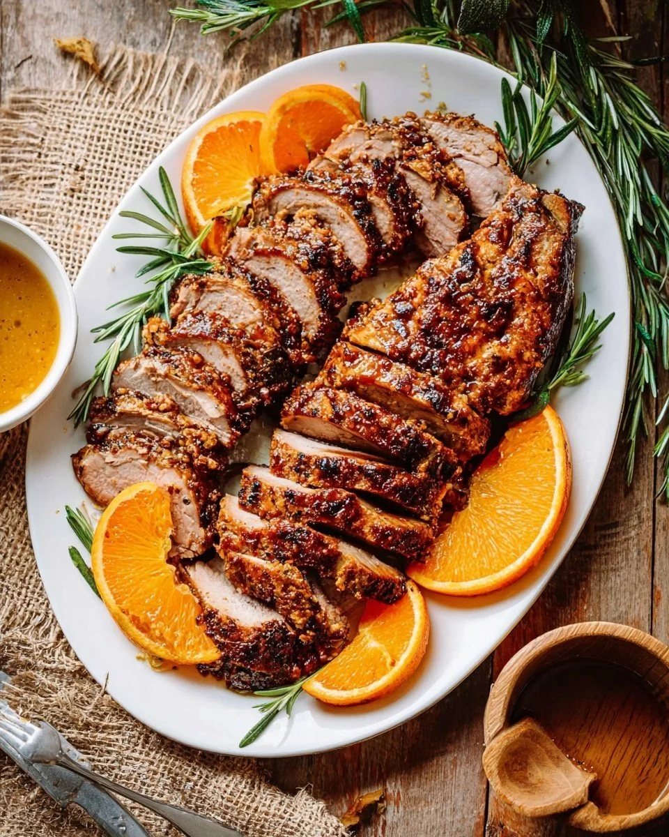 Juicy and tender pork tenderloin roast served on a wooden board.
