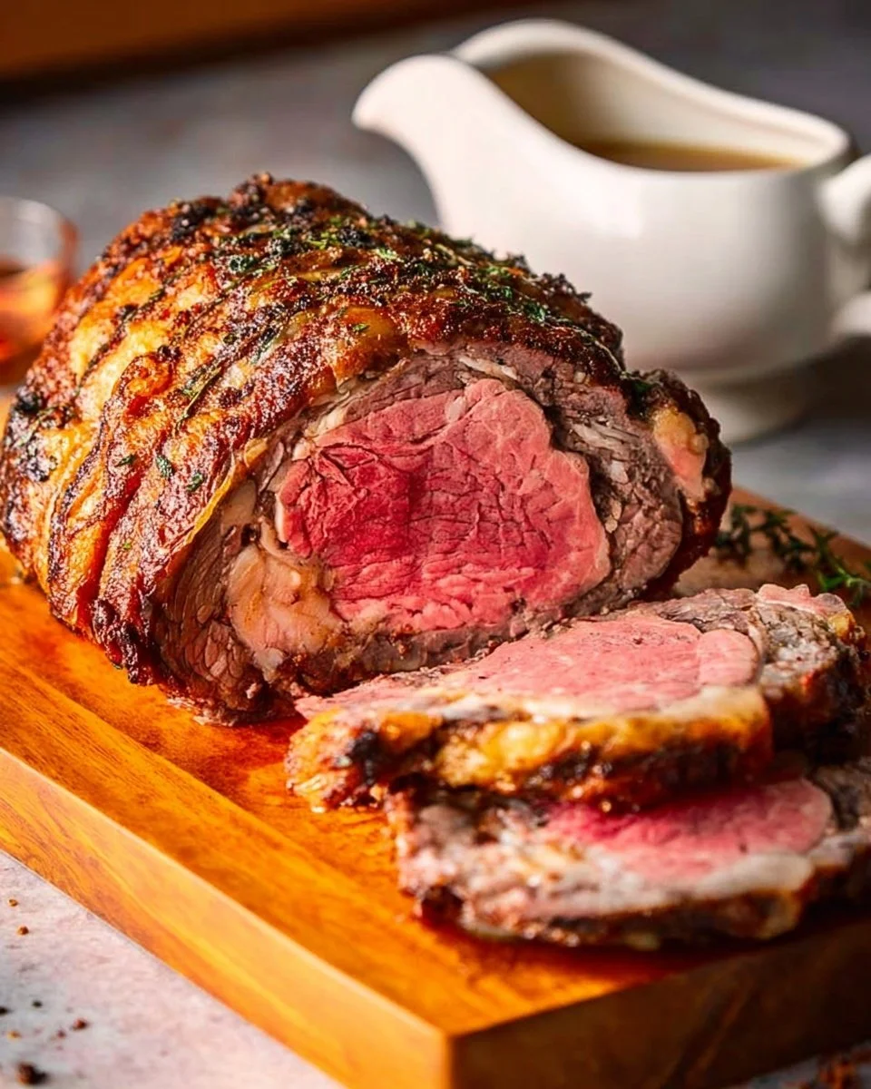 Delicious juicily cooked Christmas prime rib on a festive table setting