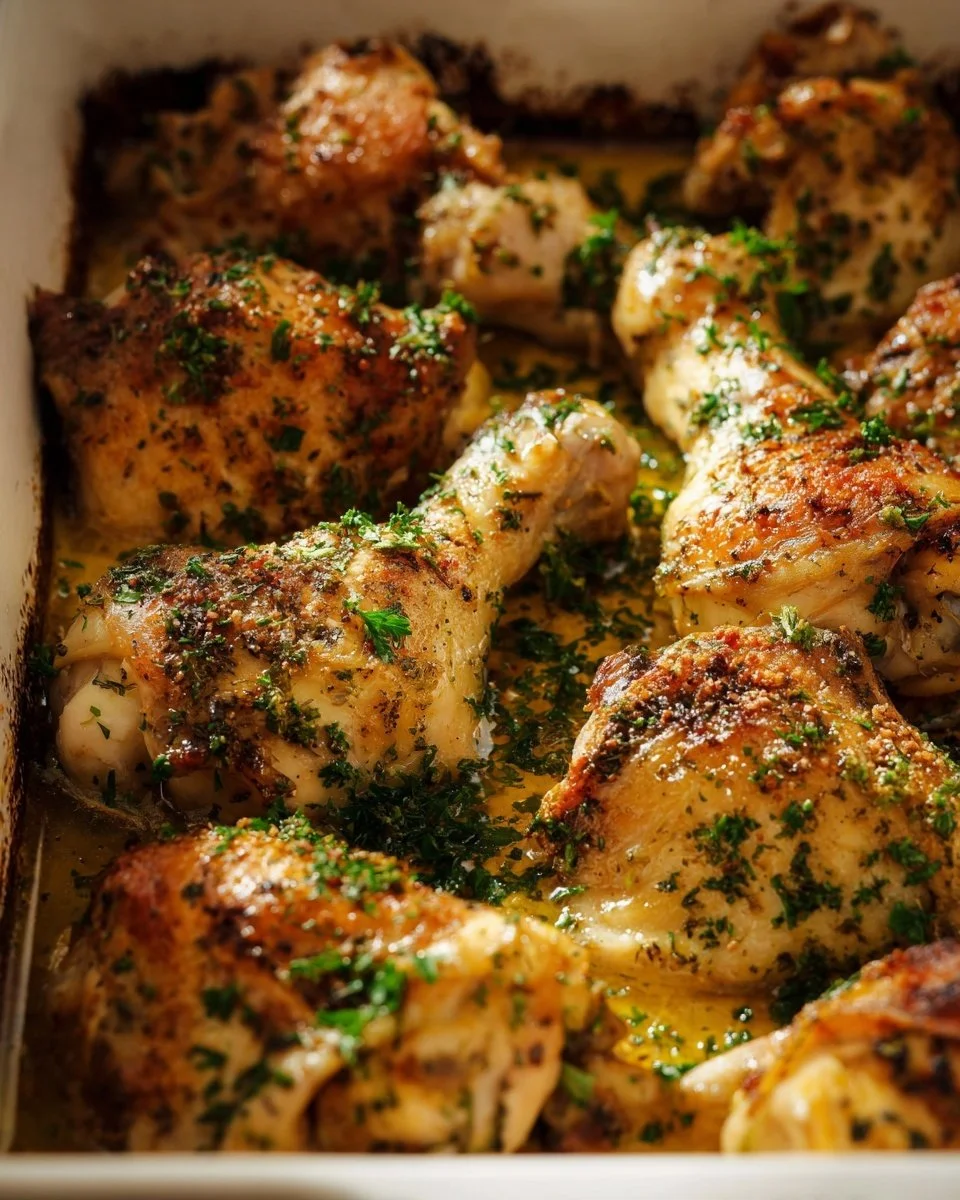 Juicy oven-roasted chicken on a serving platter, garnished with herbs.