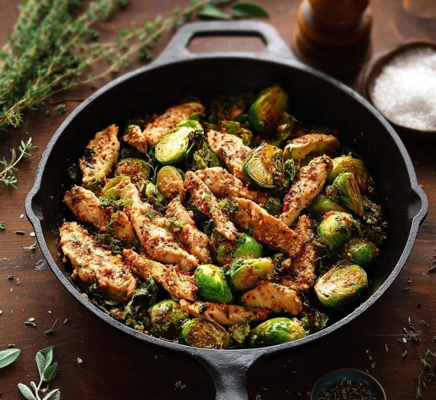 Lemon Garlic Butter Chicken served with Brussels sprouts on a plate