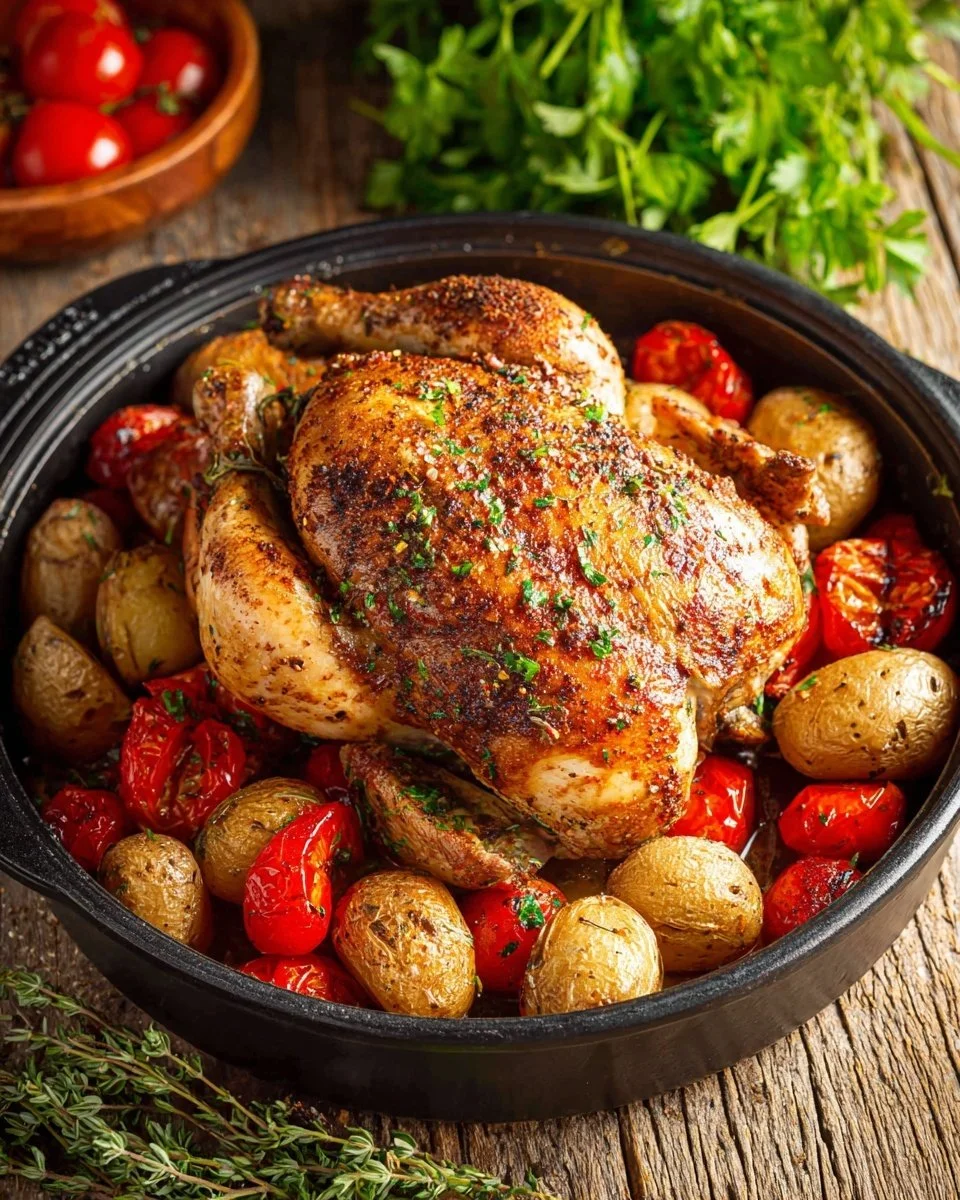 Delicious Moroccan Roast Chicken served with crispy potatoes.