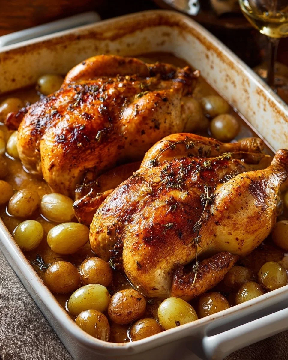 Oven roasted cornish hens served with grapes on a rustic platter