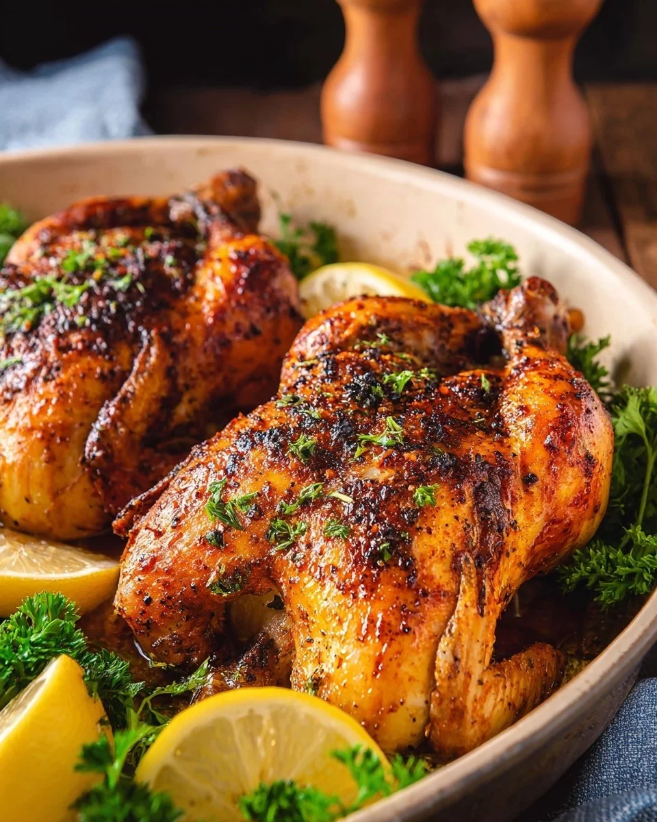 Juicy oven-roasted half chicken served with vegetables