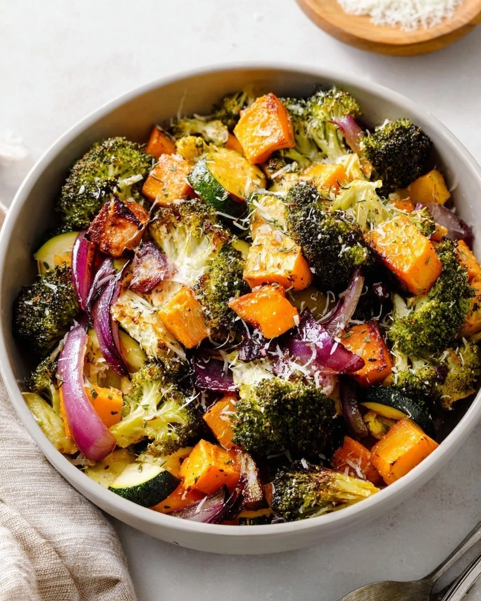 Bowl of colorful oven roasted vegetables including carrots, bell peppers, and zucchini