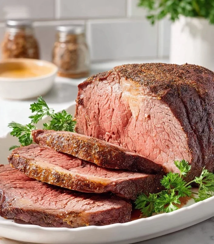 Perfectly cooked prime rib dish served on a holiday table with festive decor.