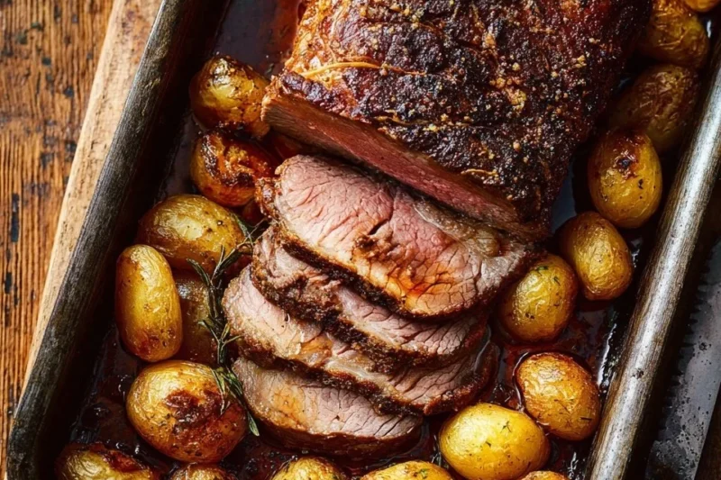 Sliced roast beef with potatoes and herb garlic butter on a plate
