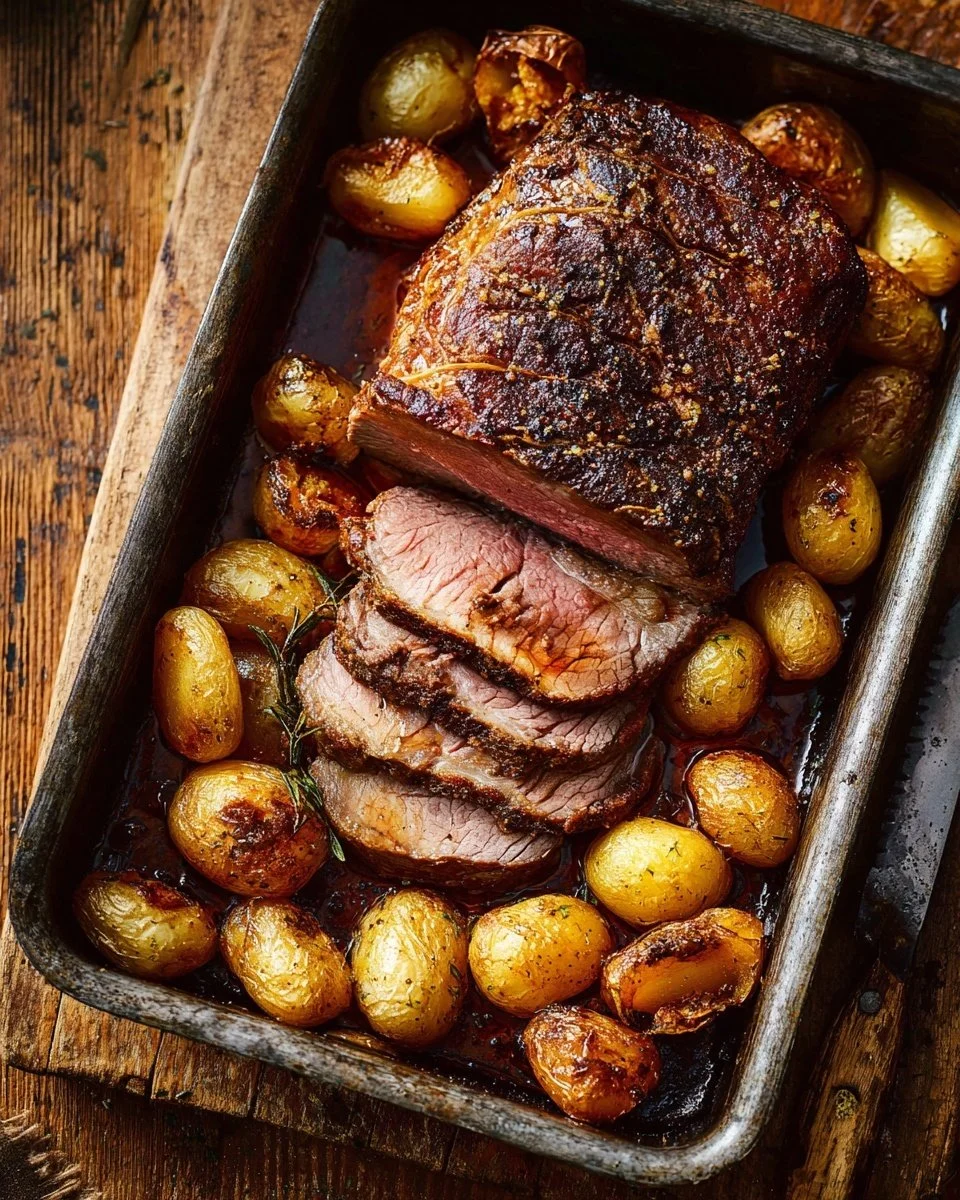 Sliced roast beef with potatoes and herb garlic butter on a plate