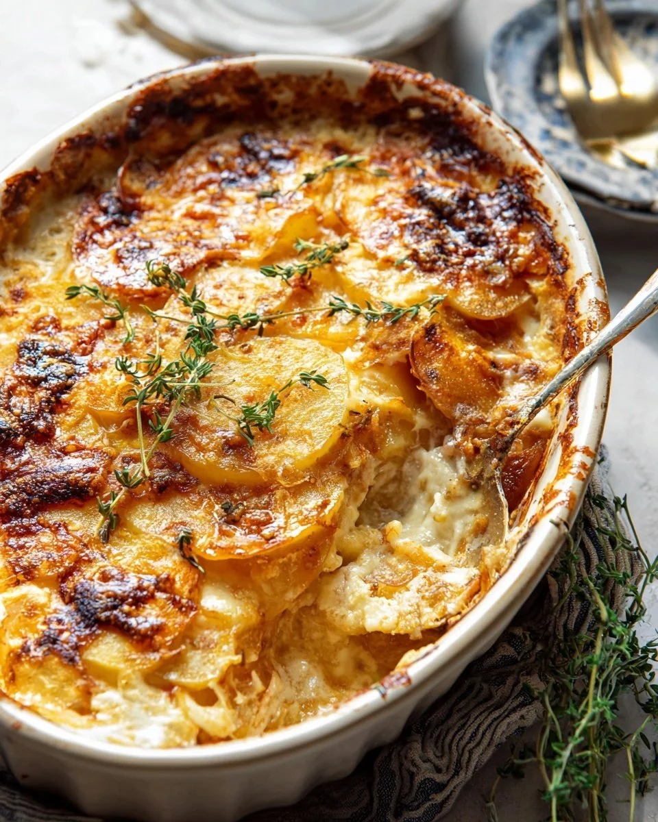 Creamy Potato Gratin served in a festive holiday setting