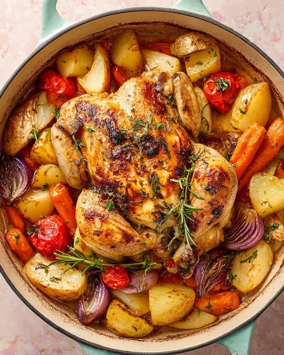 Roast chicken with assorted vegetables on a dinner table