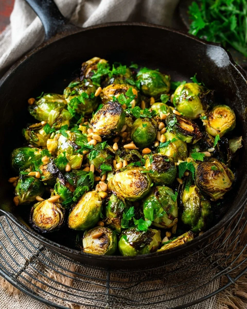A close-up of sautéed Brussels sprouts with garlic and seasoning in a skillet
