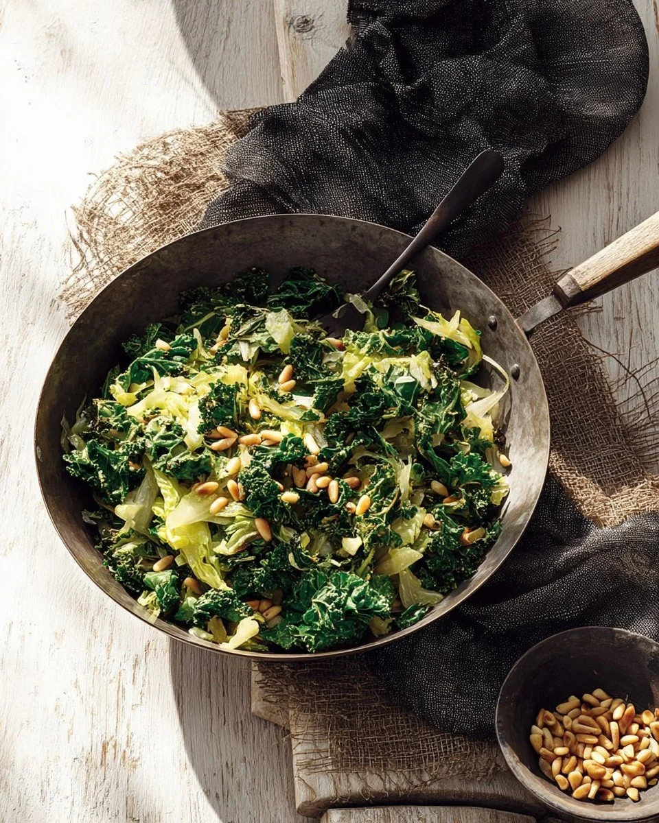 Sautéed winter greens with garlic and spices in a warm skillet