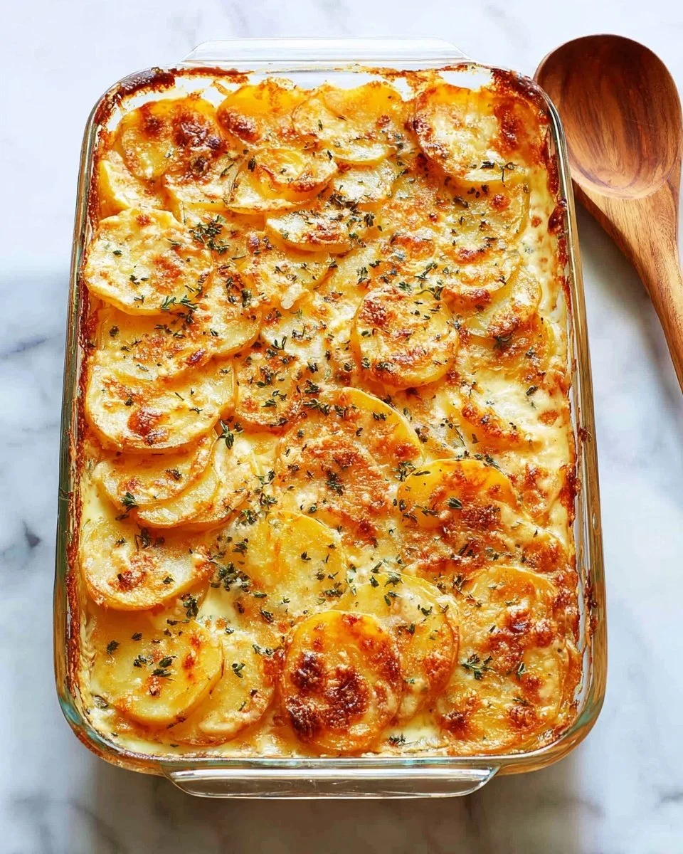 Creamy and cheesy scalloped potatoes, a festive holiday side dish