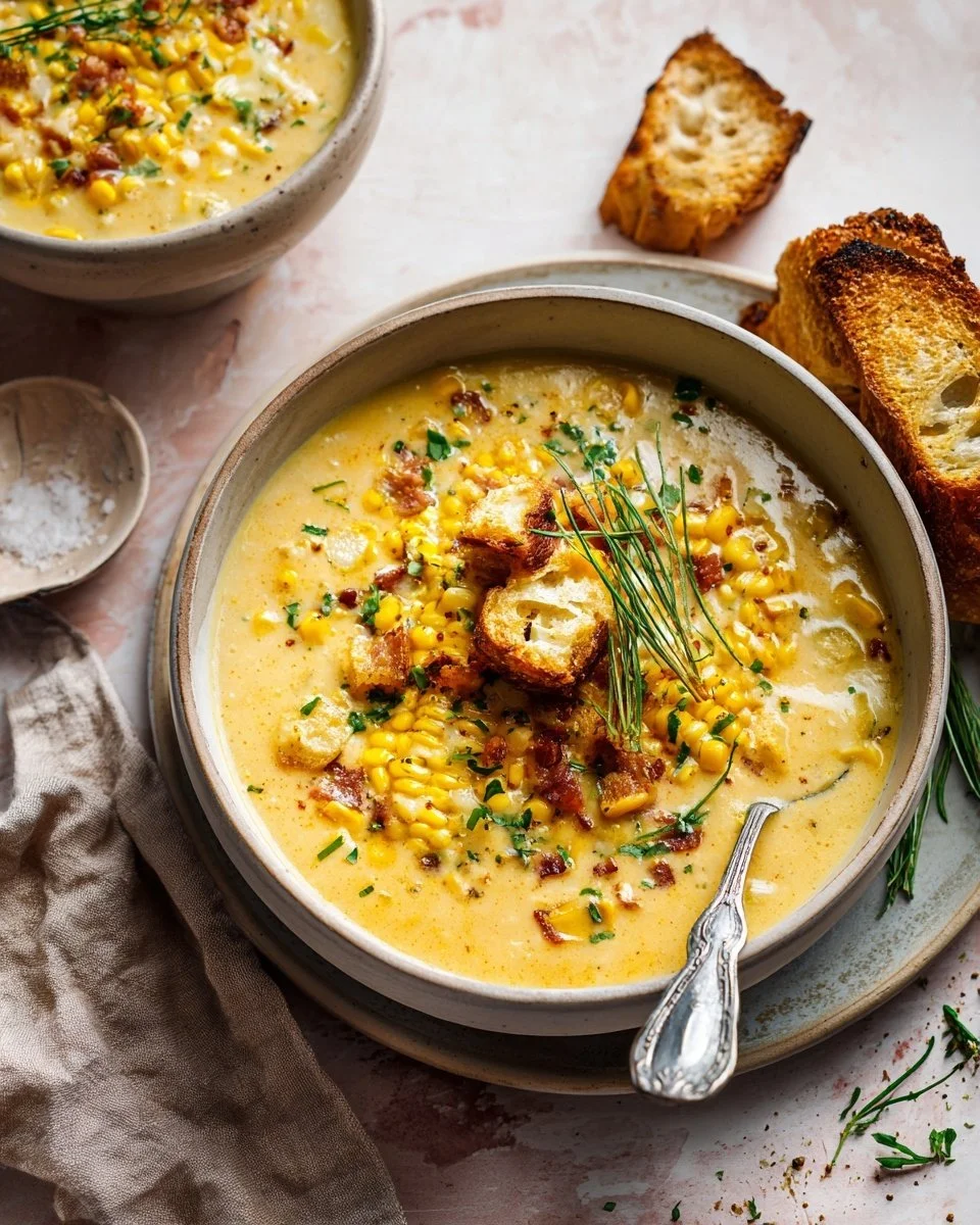 Bowl of simple summer corn chowder with fresh ingredients