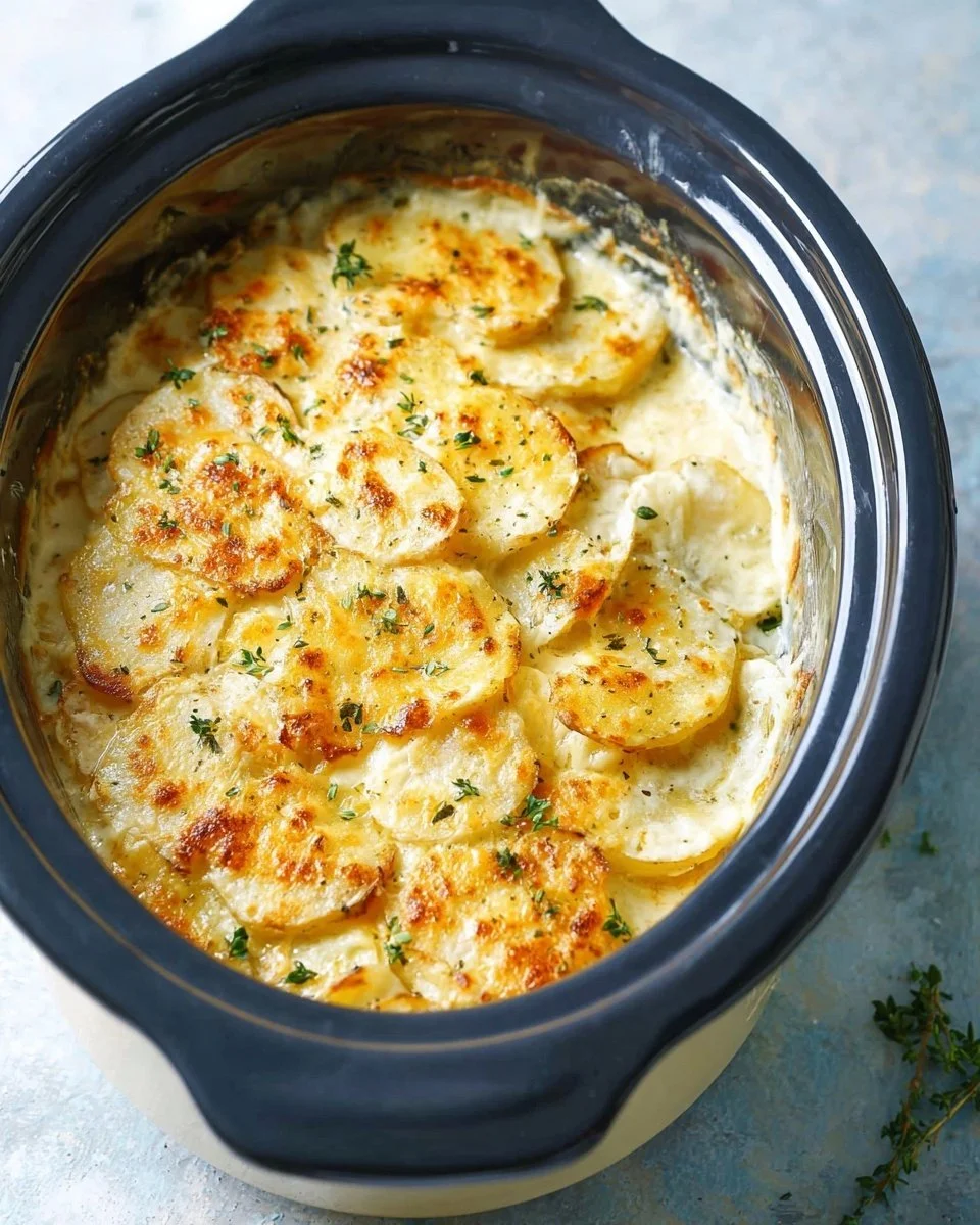 Slow cooker cheesy scalloped potatoes served in a dish, perfect for holiday meals.