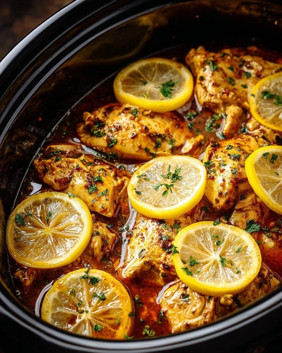 Slow Cooker Chicken Thighs with Lemon Garlic Butter served with herbs.