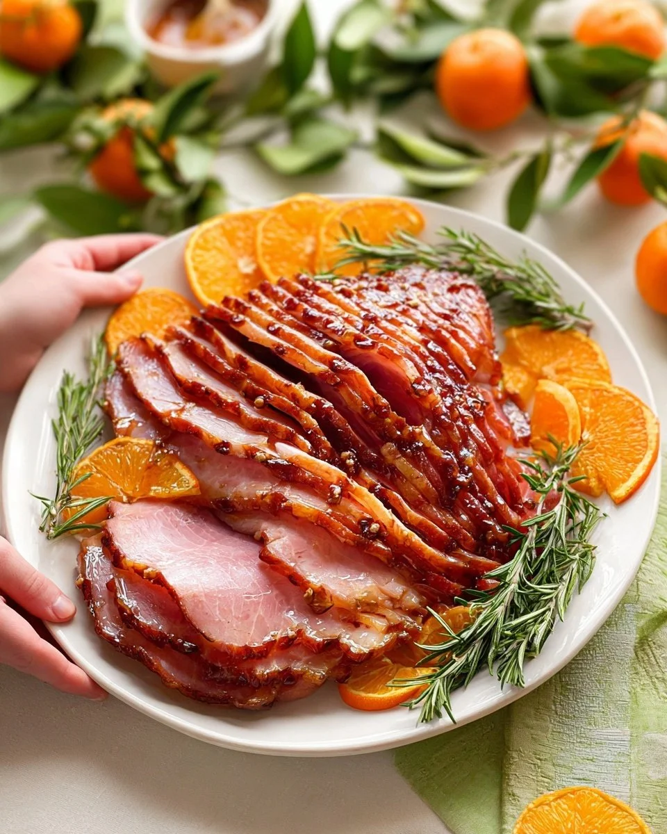 Slow Cooker Ham with Brown Sugar served on a platter with garnishes