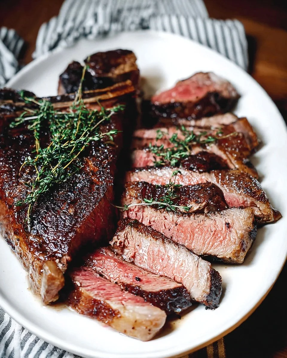 Delicious sous vide prime rib steak served on a festive holiday dinner table.