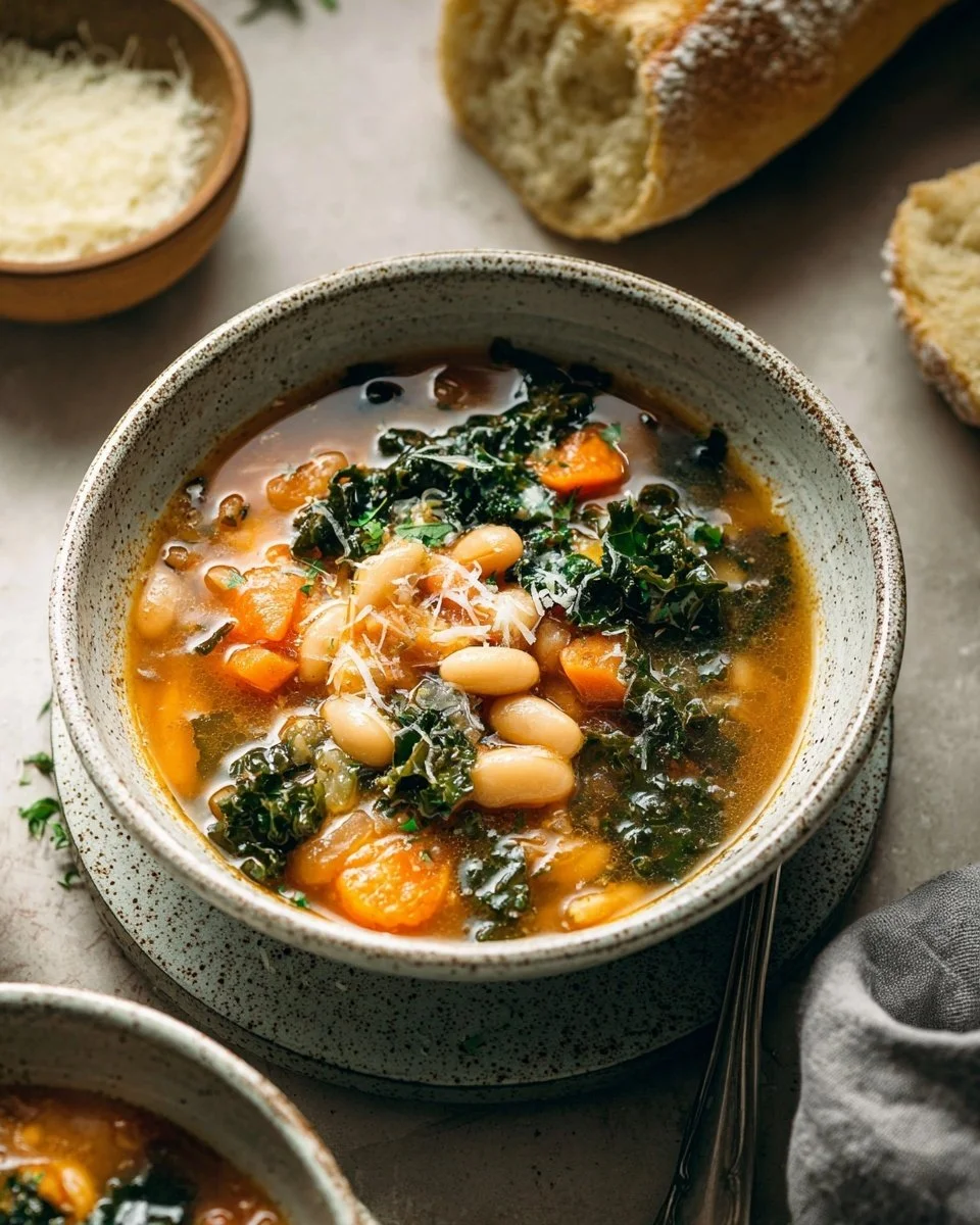 Bowl of hearty Tuscan White Bean Soup with fresh herbs and vegetables
