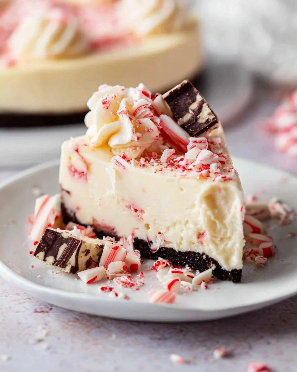 White Chocolate Peppermint Bark Cheesecake topped with festive decorations