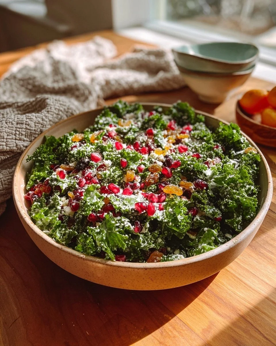 Colorful winter kale salad with seasonal vegetables and dressing